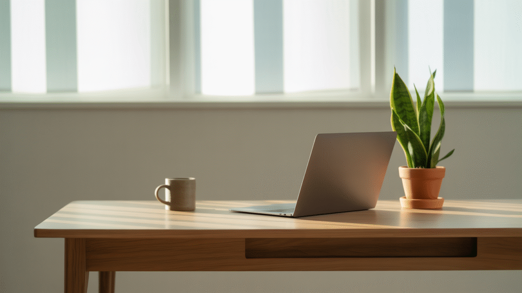 Bureau minimaliste clair et ordonné avec un ordinateur portable et une plante