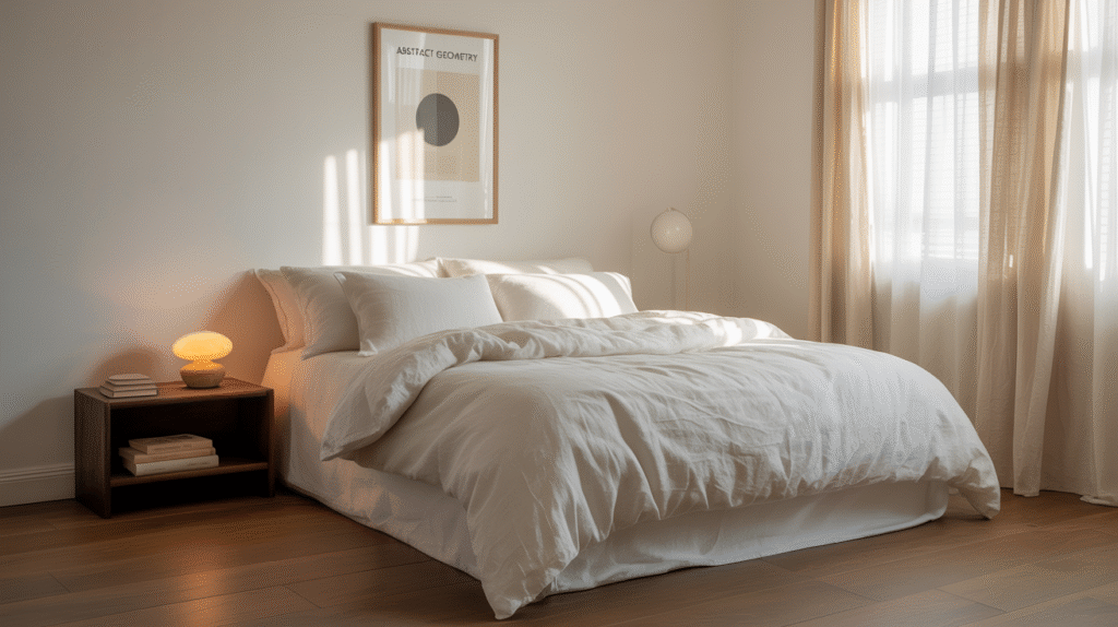 Chambre minimaliste épurée favorisant un sommeil profond et réparateur