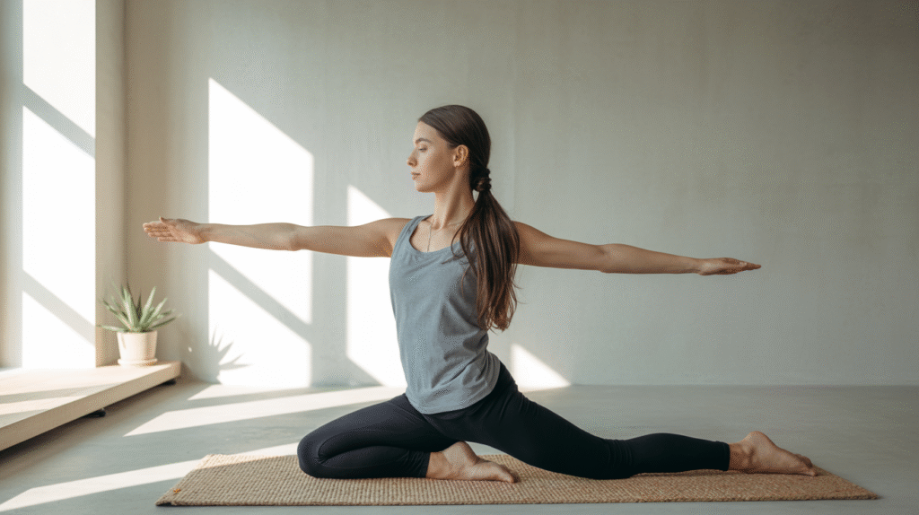 Personne pratiquant le yoga dans une pièce minimaliste pour montrer les bienfaits sur le corps