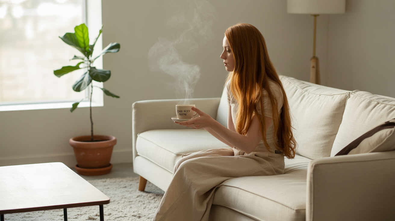 Personne détendue dans un salon minimaliste illustrant la sérénité d’une vie simple