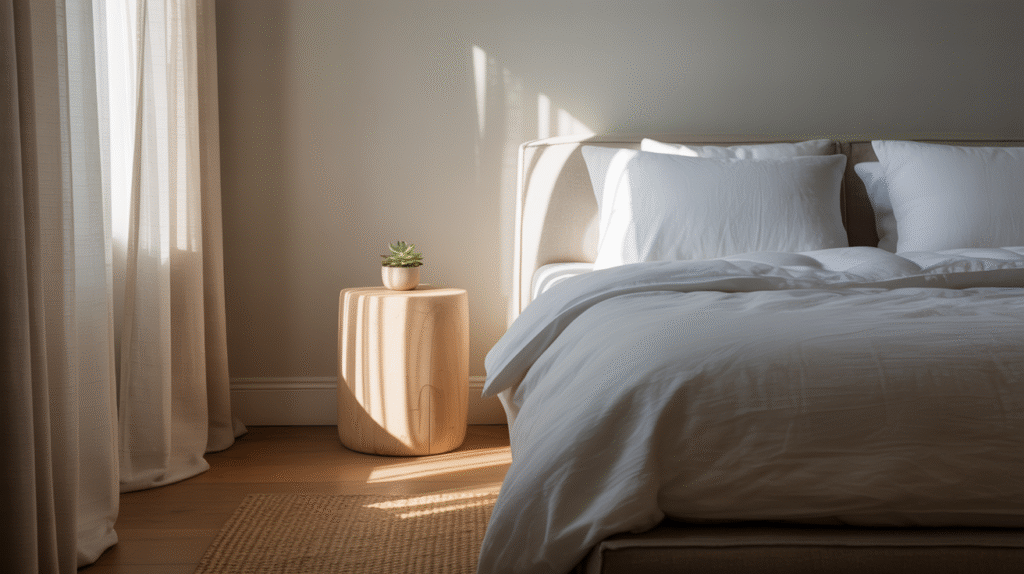 Chambre minimaliste à la maison avec literie blanche et ambiance zen