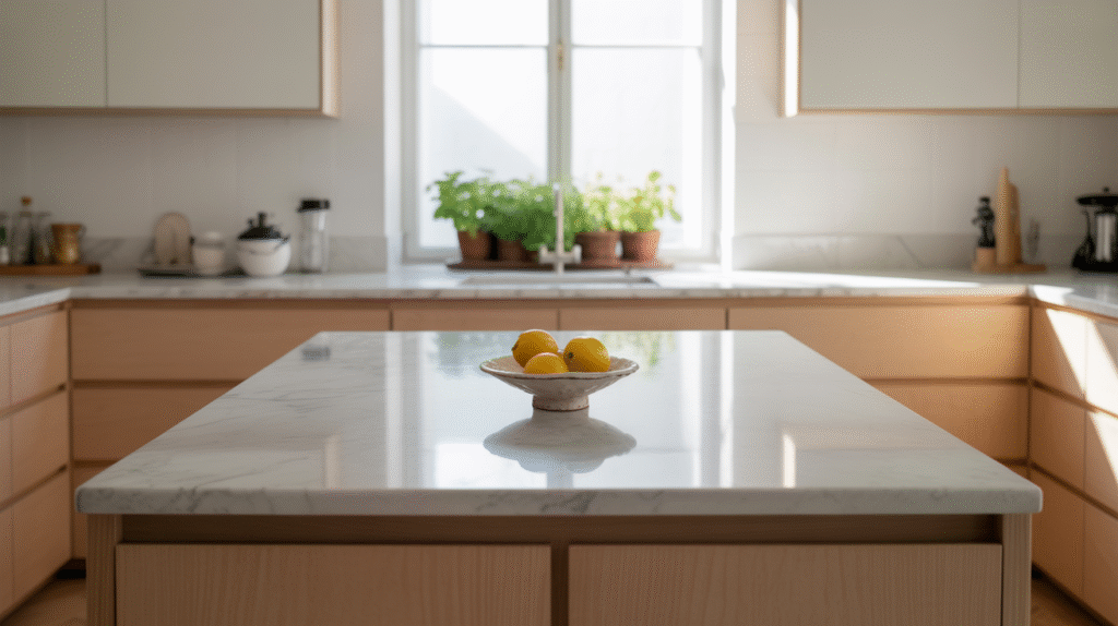 Cuisine minimaliste à la maison avec design épuré et tons naturels