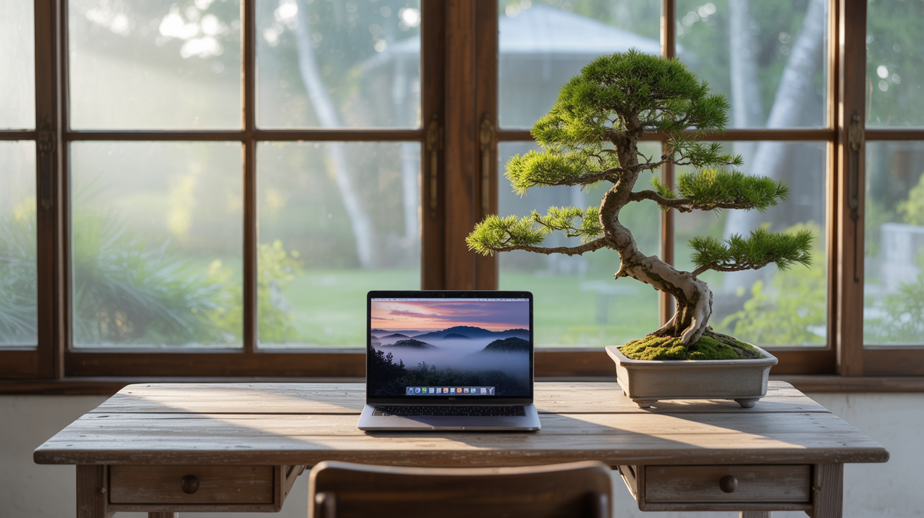 Bureau épuré et lumineux représentant l’harmonie du vide numérique et le style minimaliste à la maison