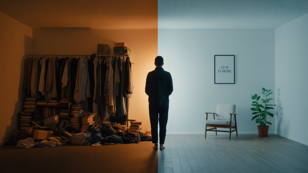 mon-parcours-vers-une-vie-plus-minimaliste-transformation Mon parcours vers une vie plus minimaliste illustré par une transformation d’un espace encombré à épuré.