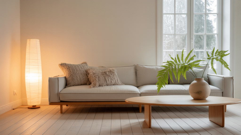 Salon minimaliste à la maison avec lumière naturelle et décoration épurée