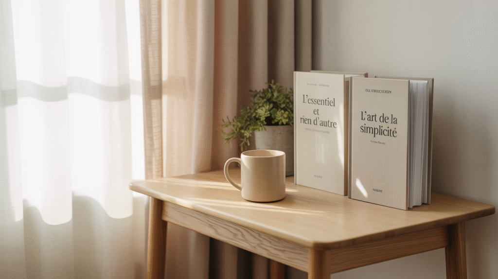 minimaliste-livre-art-de-la-simplicite Minimaliste livre L’art de la simplicité posé sur une table épurée avec une tasse de café et une plante verte