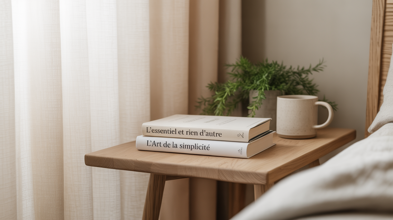 Un minimaliste livre posé sur une table en bois claire, symbole d’une vie simple et intentionnelle